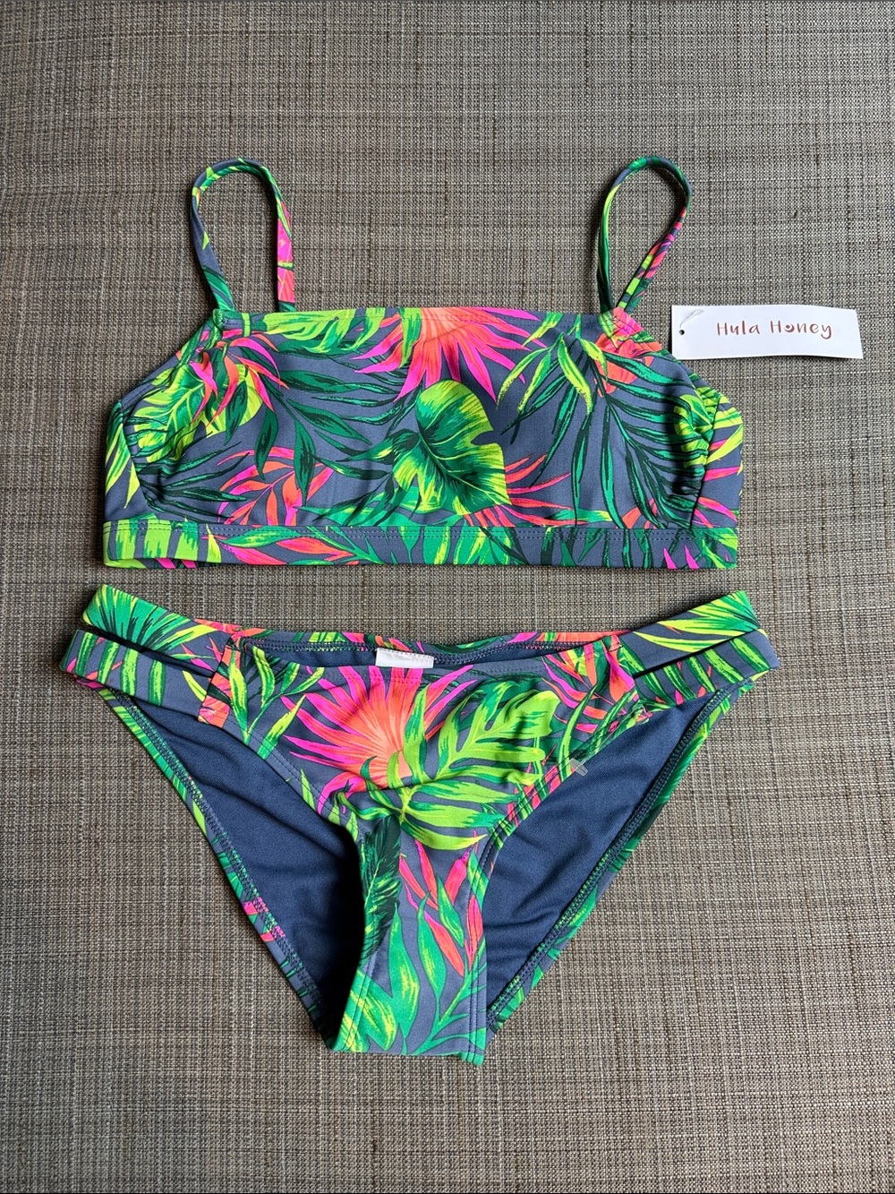 NWT Hula Honey Neon Green, Hot Pink & Gray Tropical Two-Piece Bikini Women’s Med